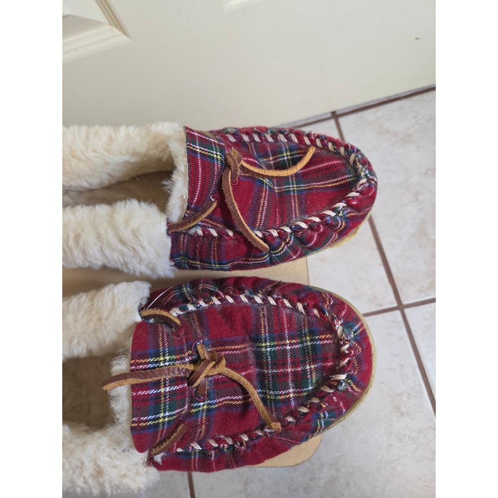 Womens Red‎ Plaid Flannel Moccasin Slippers Faux Fur Lined Size 9 Medium - Picture 3 of 11